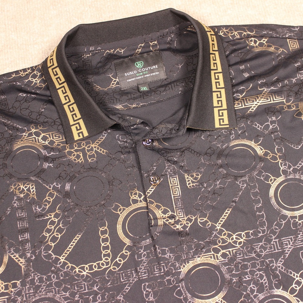 Suslo Couture Mens 2XL Slim Fit Black Gold Chain Foil Print Polo Shirt Stretch